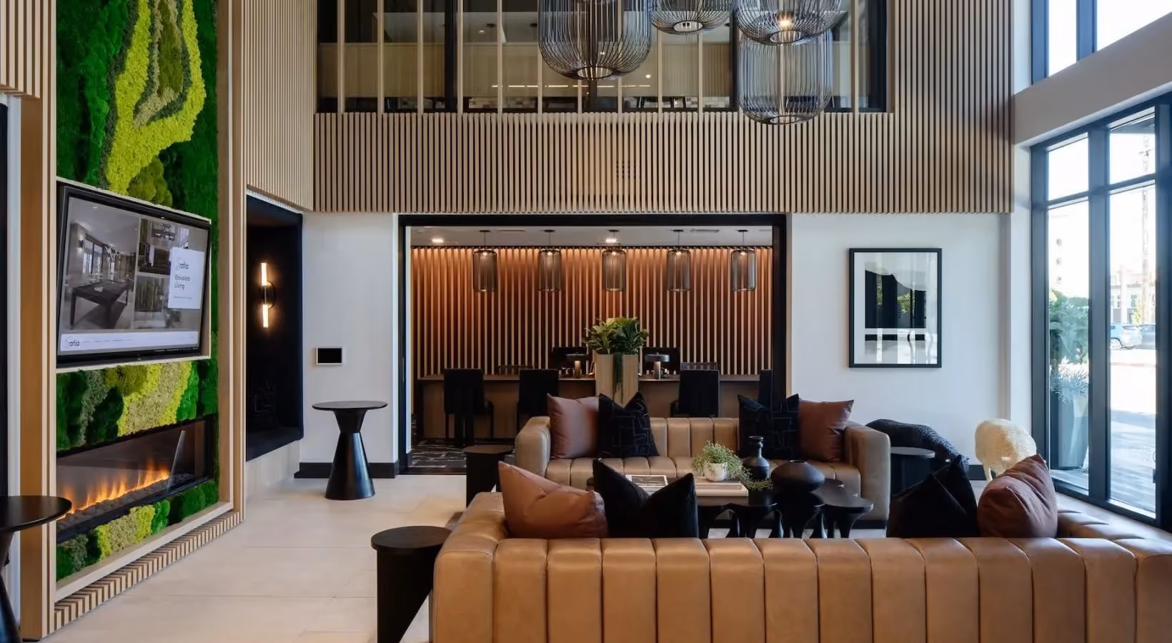 Community lounge lobby with fireplace
