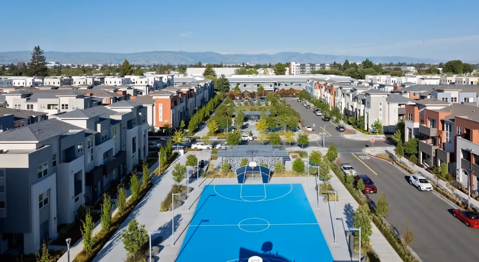 Aerial view of basketball court and surrounding grounds