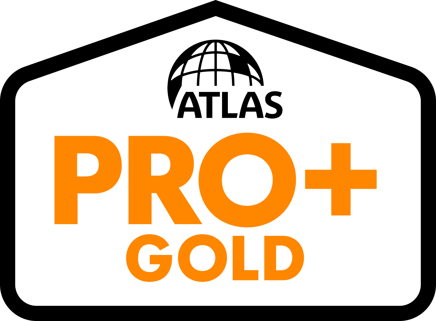 Logo featuring the word ATLAS in black above large orange text PRO+ with the word GOLD below inside a black-outlined pentagon shape.
