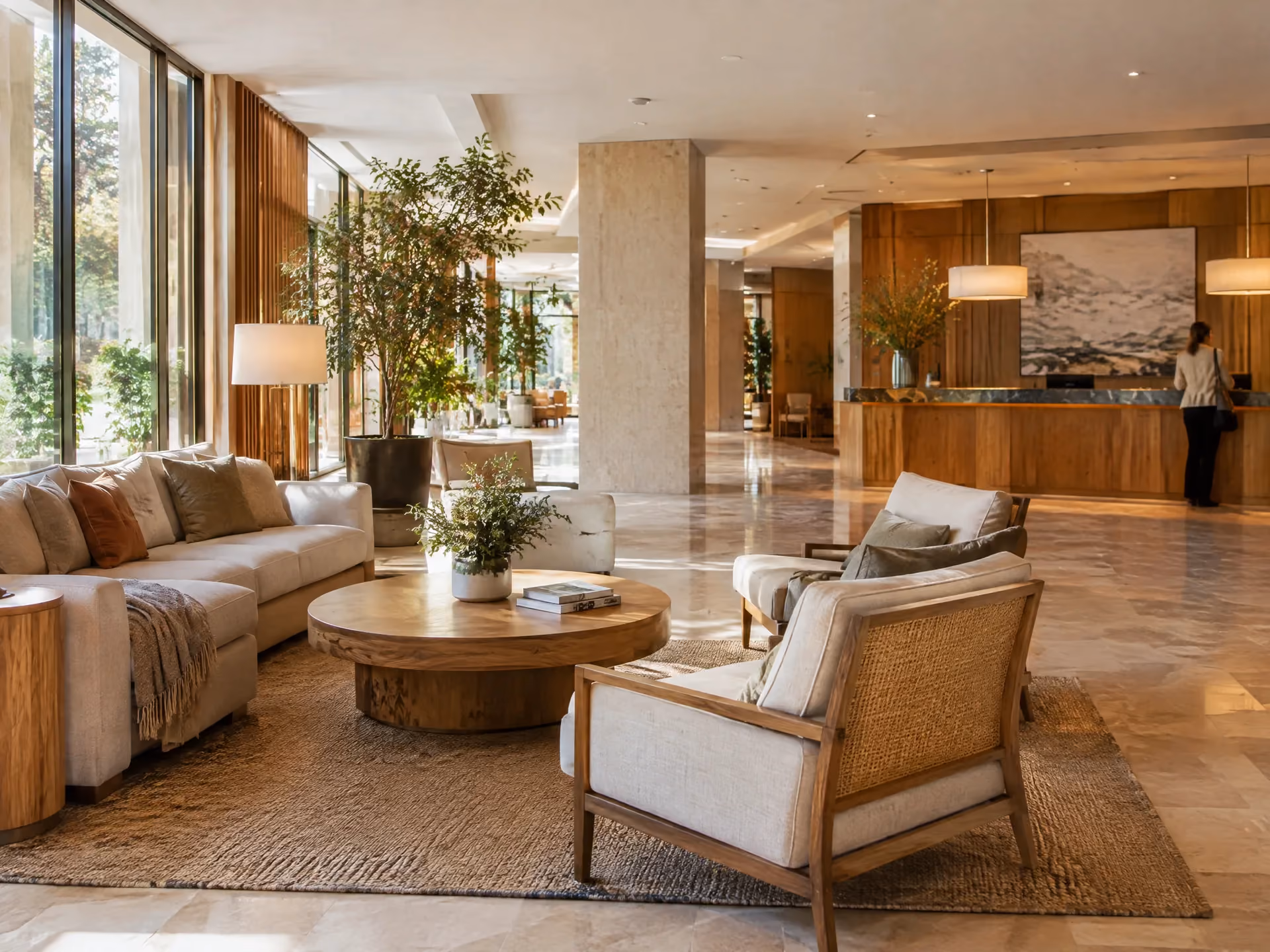Warm, upscale hotel lobby with lounge seating and a front desk