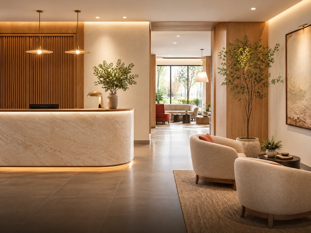 Welcoming senior living lobby entrance with a reception desk and lounge chairs