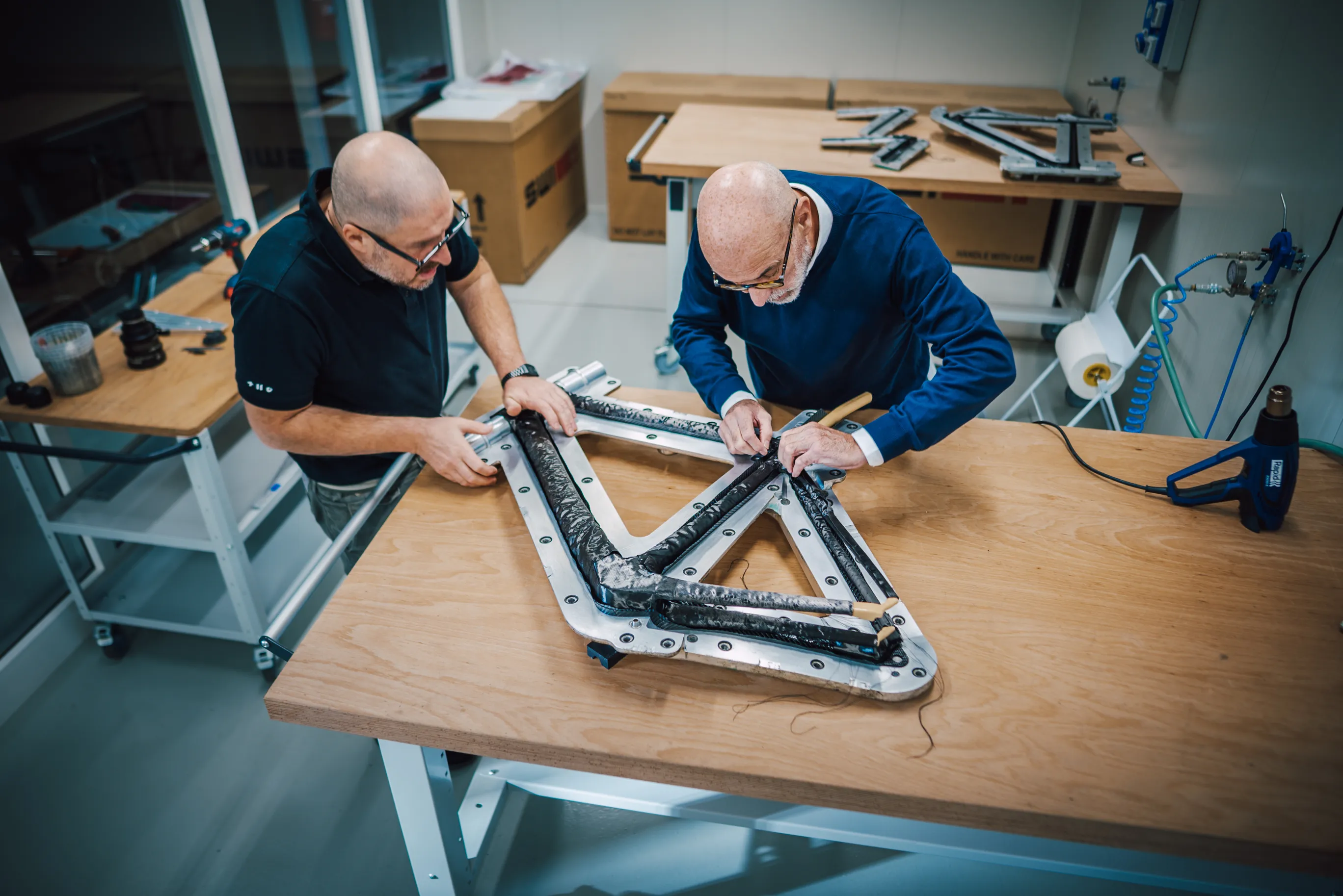 A monocoque carbon frame shell in the SWI workshop