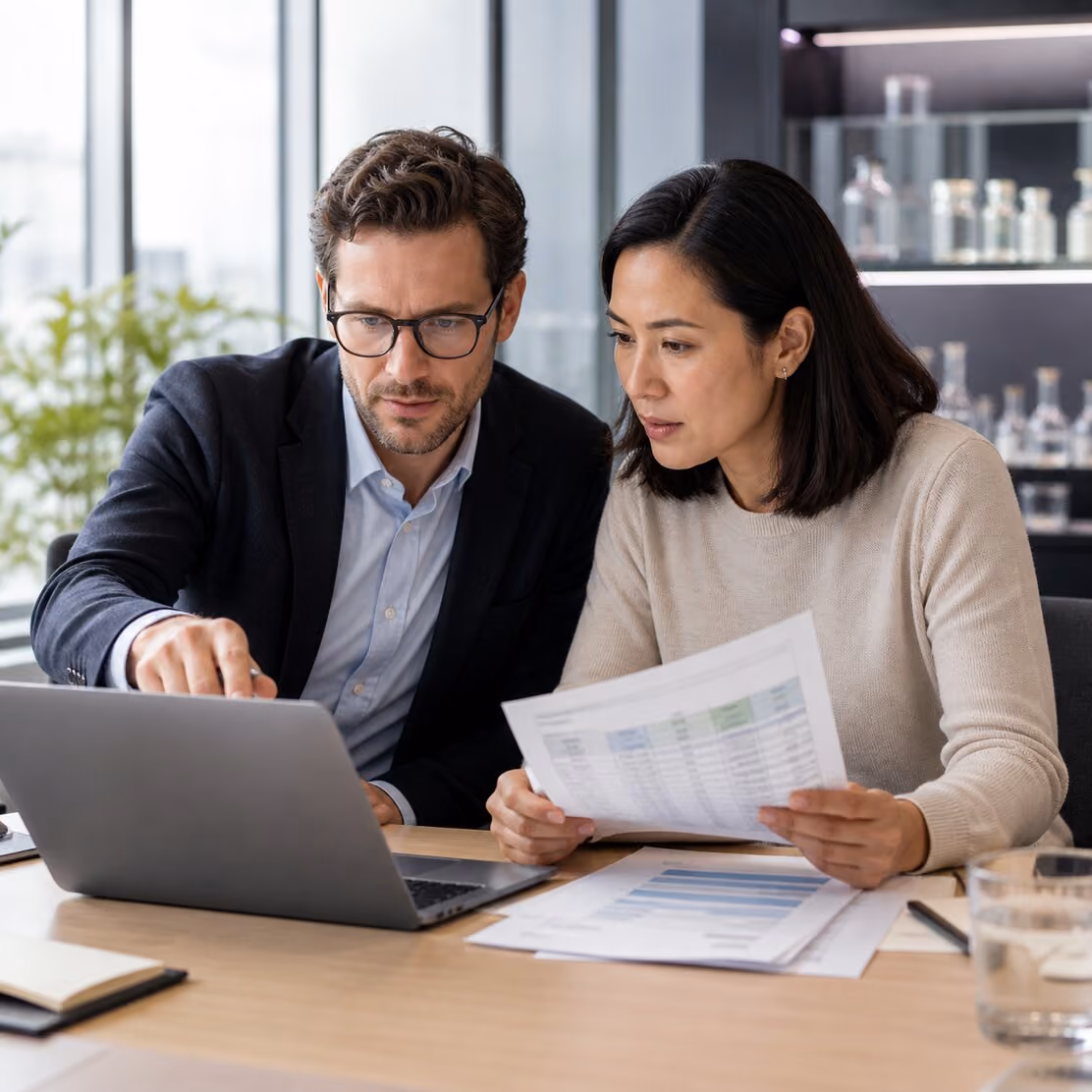 Two colleagues discussing figures on a laptop