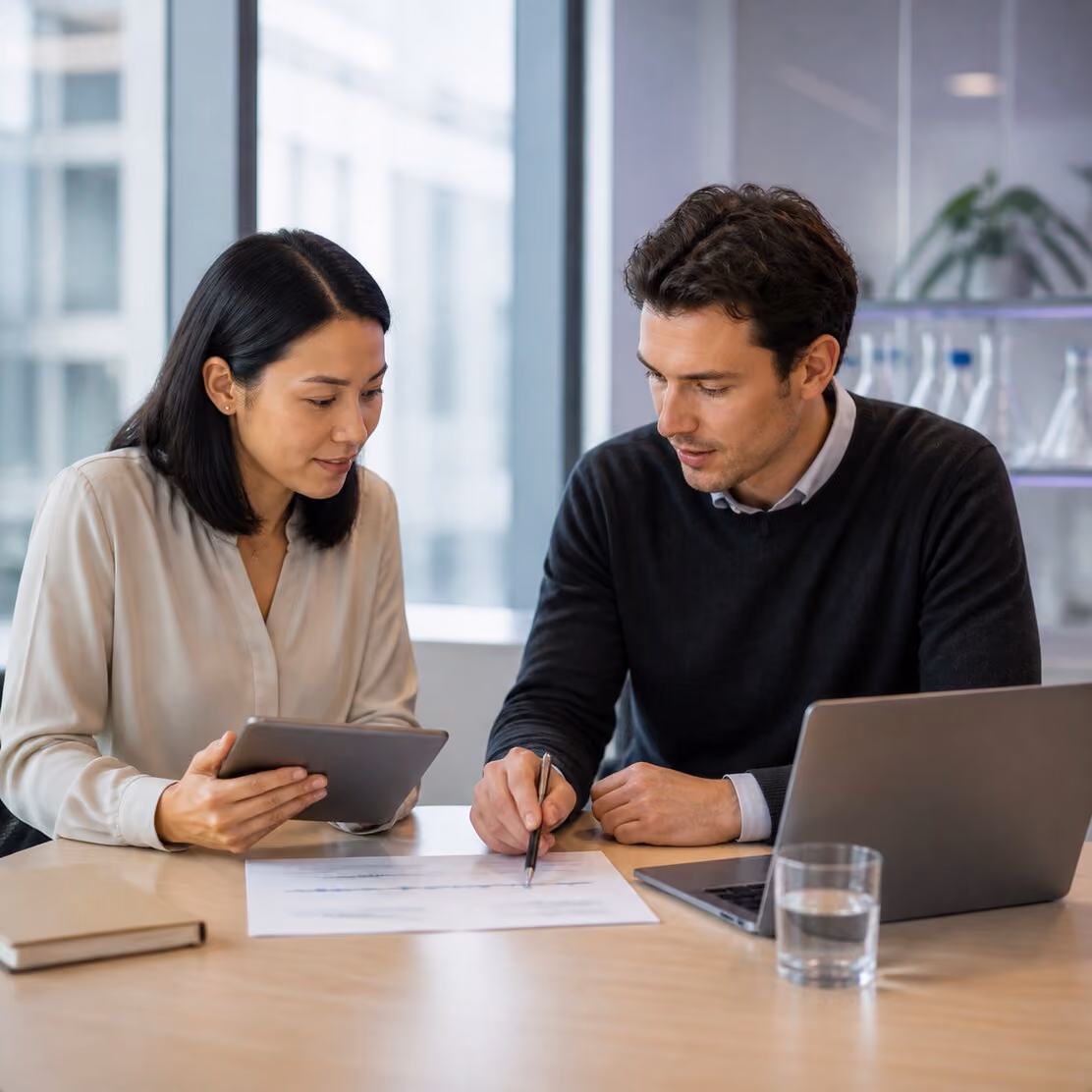 Two colleagues reviewing a report together at a laptop