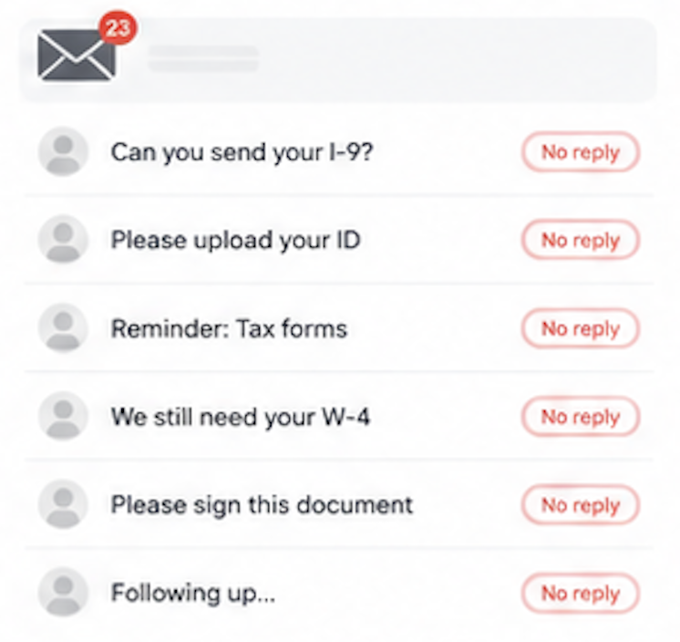 Inbox showing six unread messages requesting documents, all labeled 'No reply' with a 23 unread count.