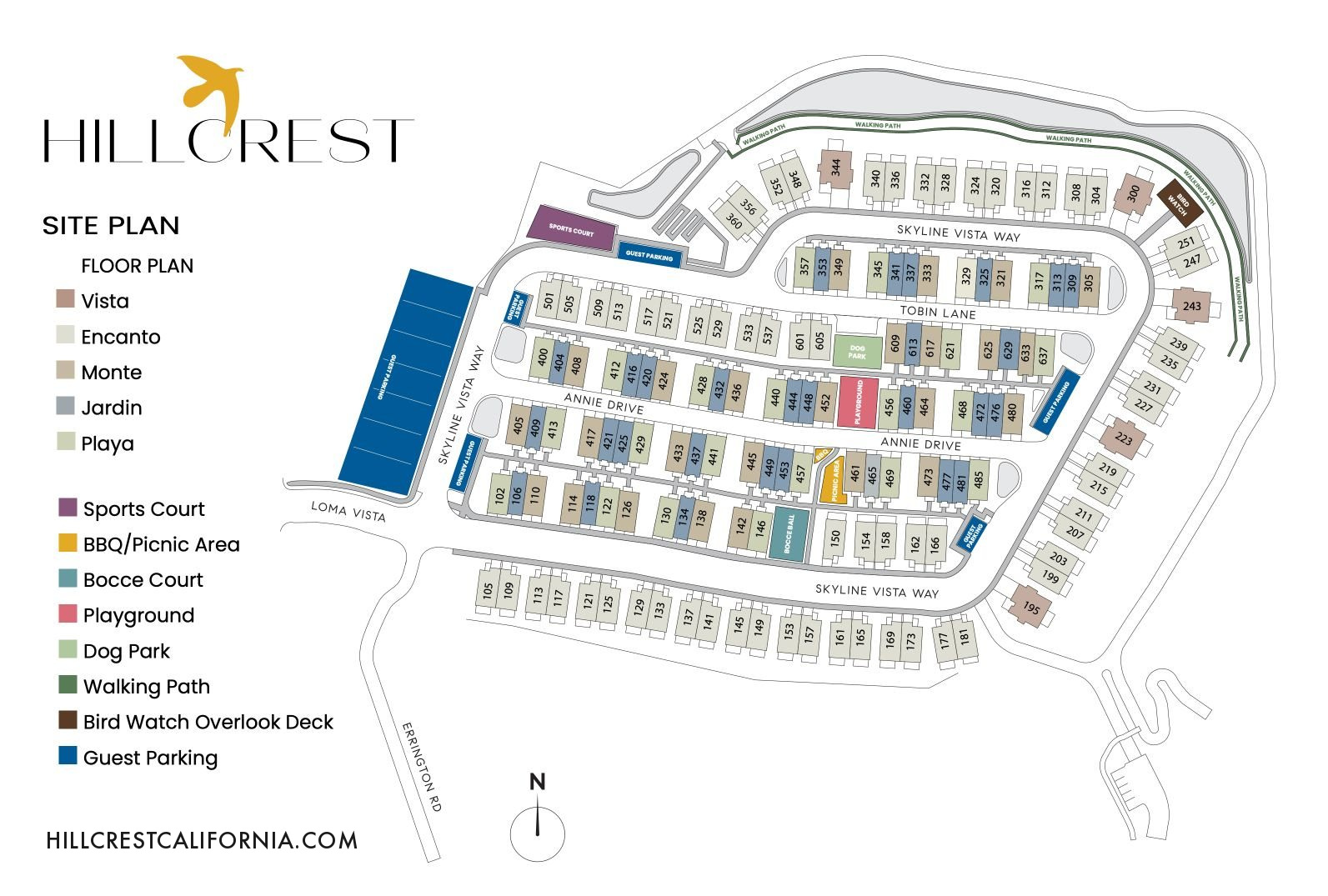 Site plan of Hillcrest Residences showing all 144 homes, streets and amenities