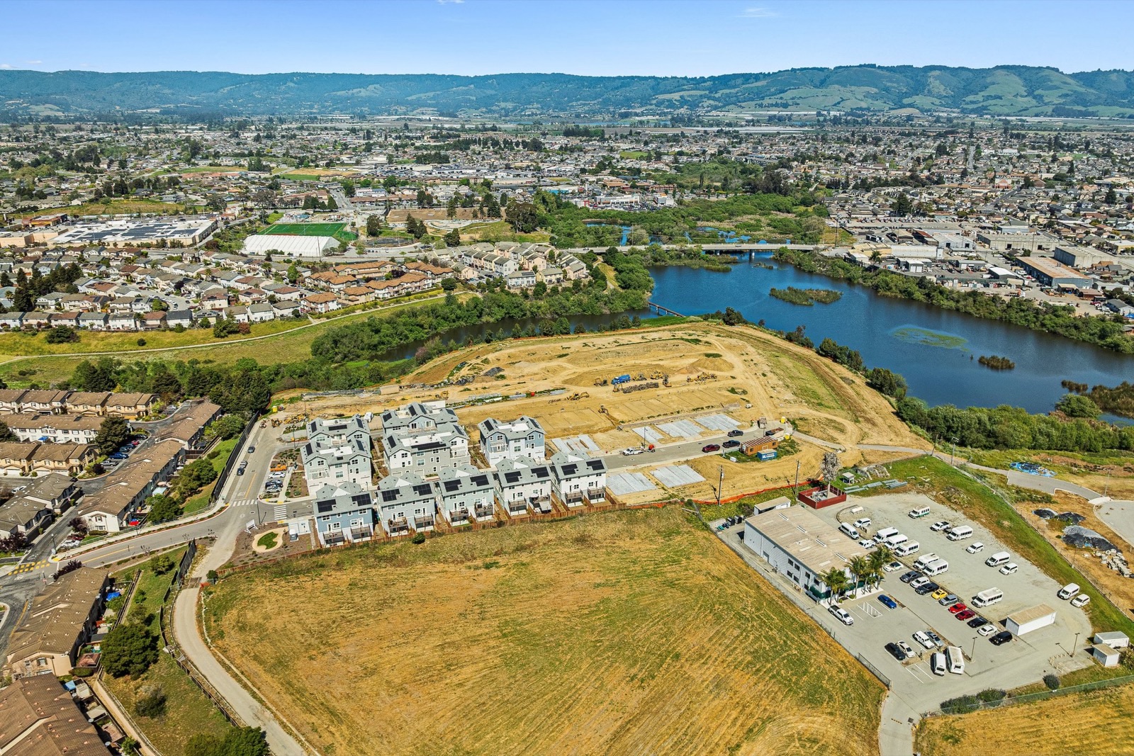 Aerial view of Hillcrest Residences on eleven acres beside the water