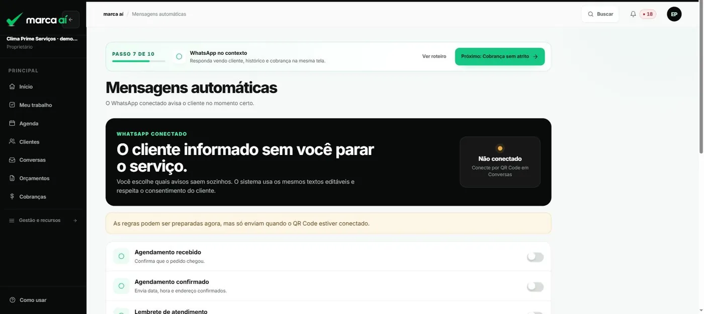 Tela de mensagens automáticas com o estado da conexão do WhatsApp