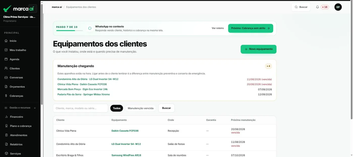 Equipamentos dos clientes com a lista Manutenção chegando