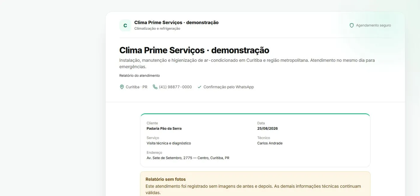 Relatório de serviço na visão do cliente com empresa, cliente, data, serviço e técnico