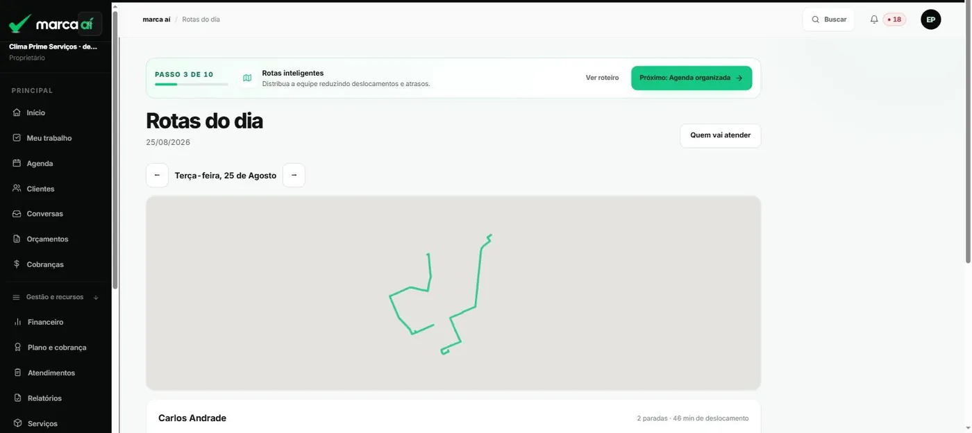 Rotas do dia com o traçado das paradas no mapa