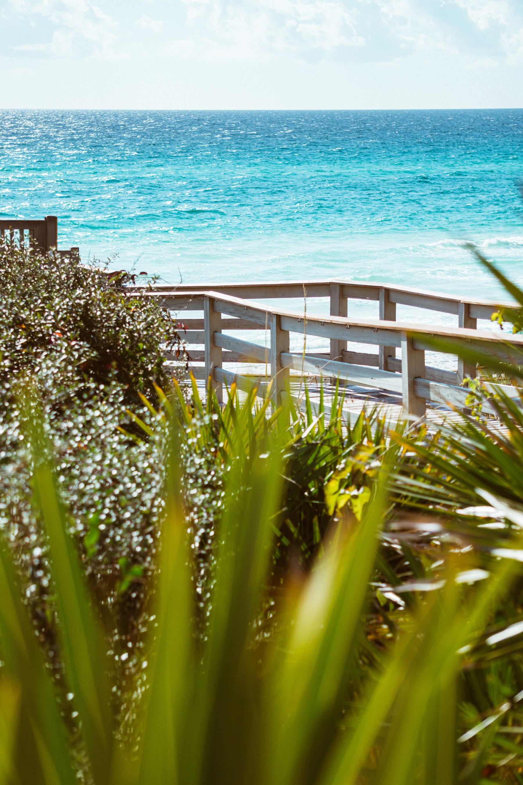 Wooden beach access over dune vegetation to the Gulf in Santa Rosa Beach