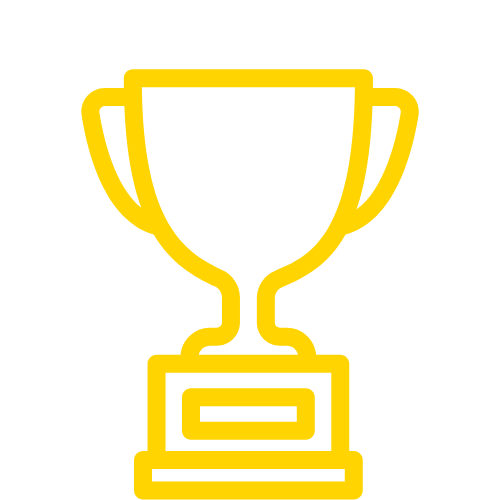 Yellow outline of a trophy cup with handles and a plaque on its base.