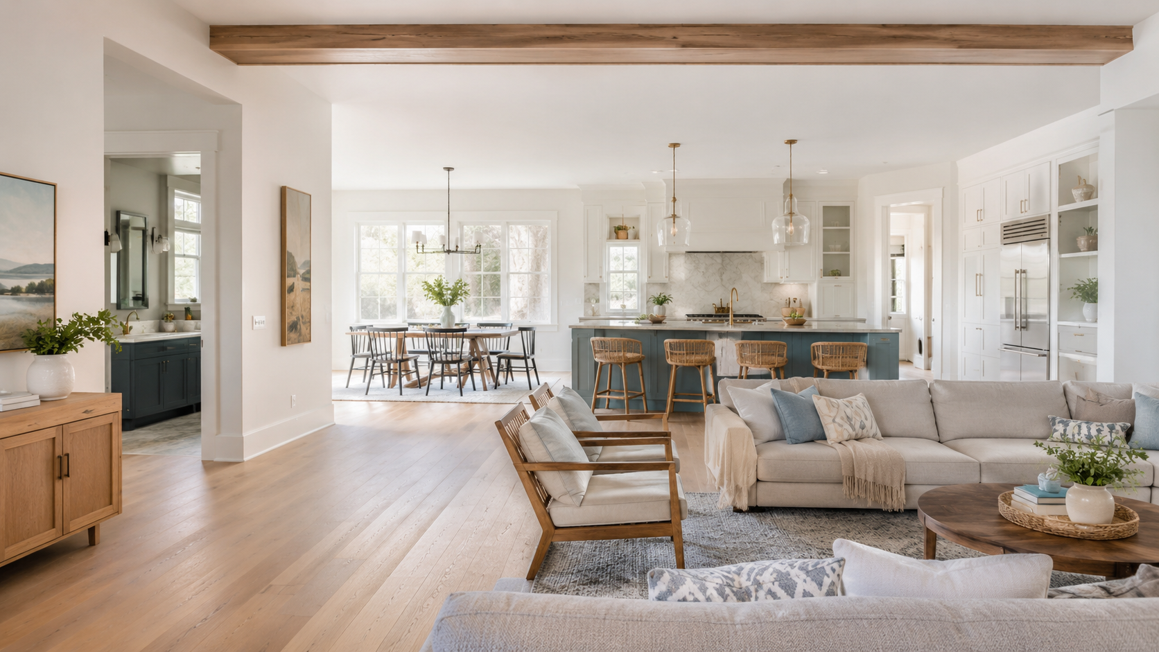 AI-generated bright concept of an open-plan home remodel with a renovated living room, dining area, and kitchen
