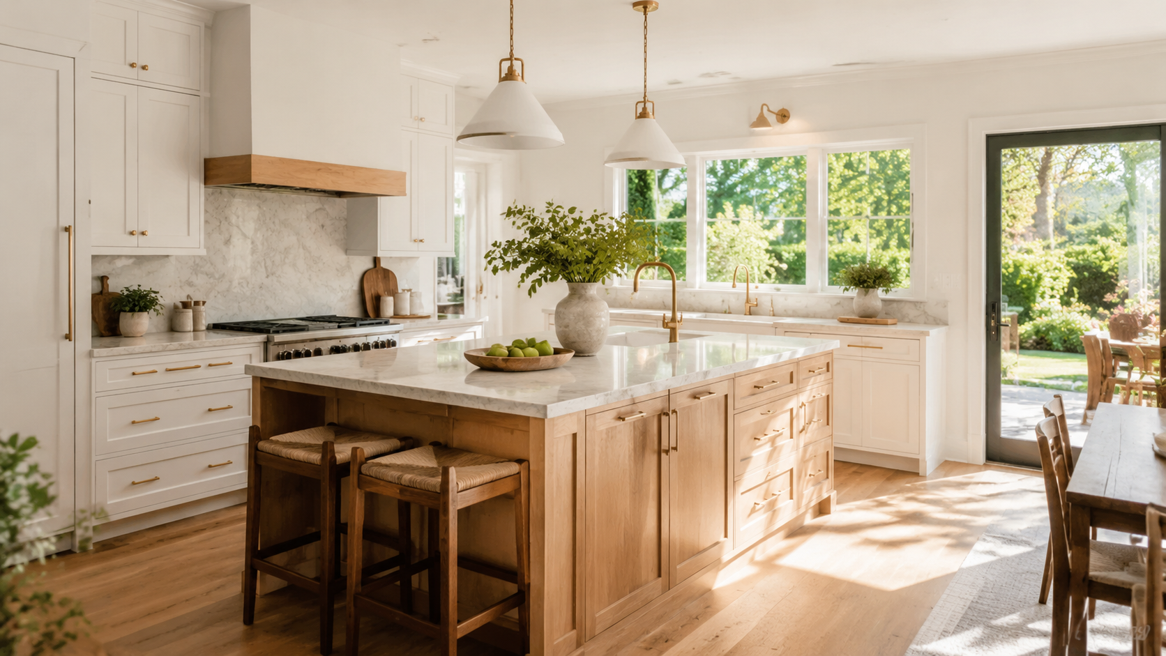 AI-generated bright concept of a sunlit remodeled kitchen with a wood island and warm white cabinetry