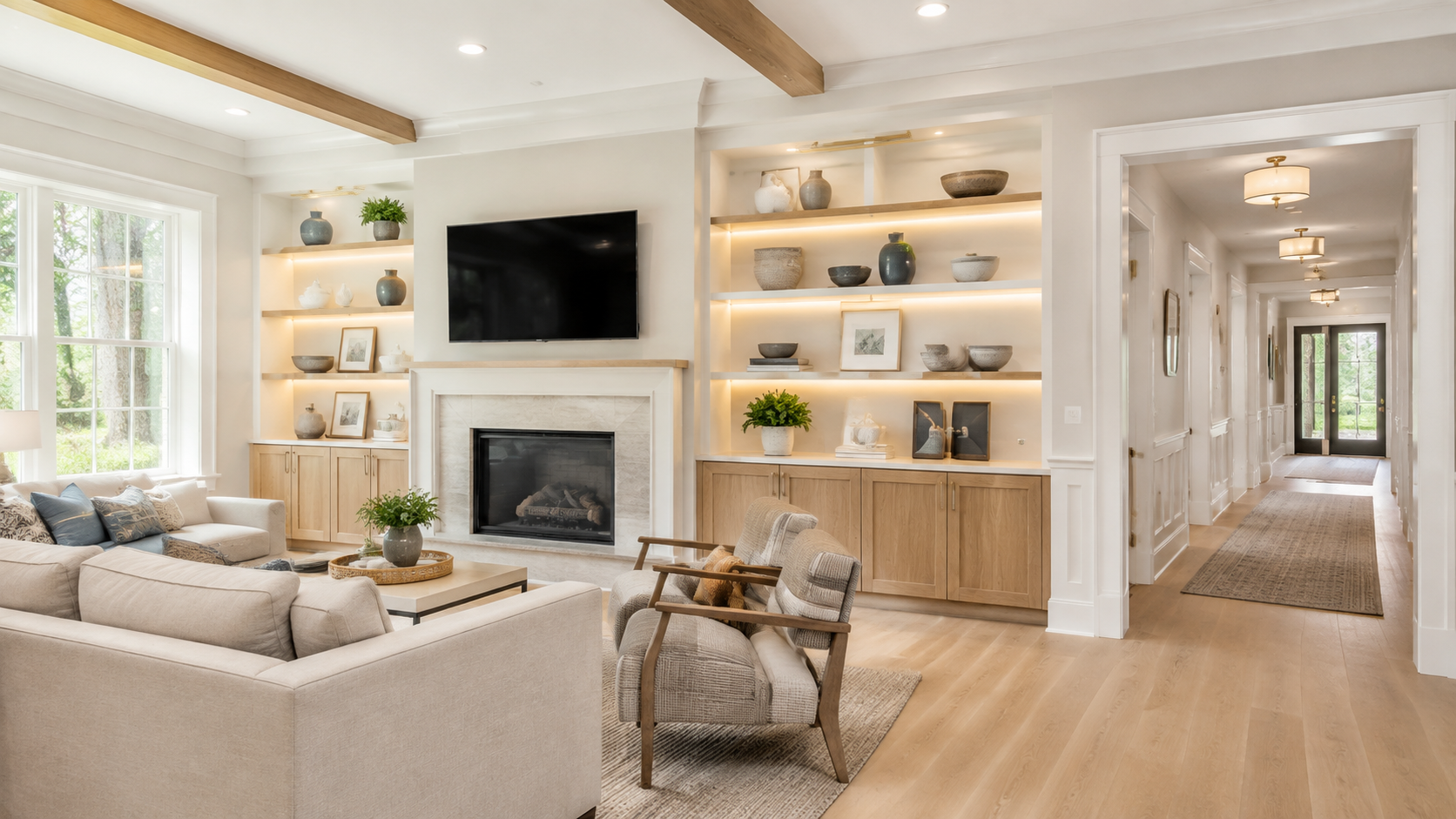 AI-generated bright concept of an interior renovation with custom built-ins, fireplace wall, and refreshed living space