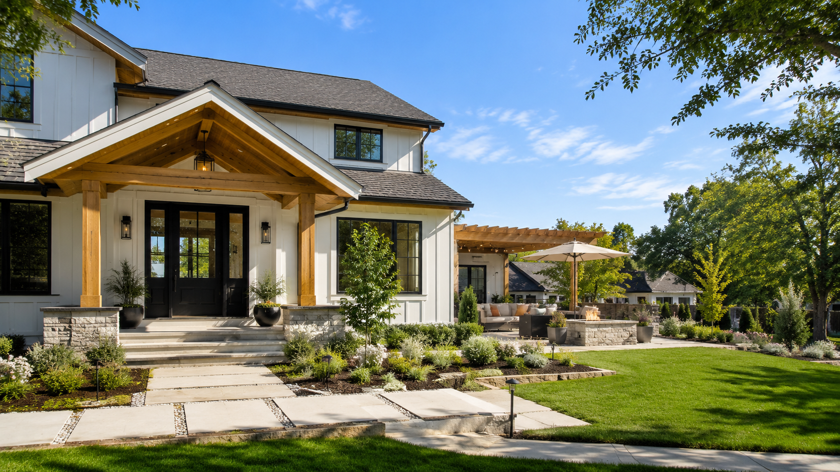 AI-generated bright concept of an exterior remodel with a covered porch, landscaped path, and outdoor living area