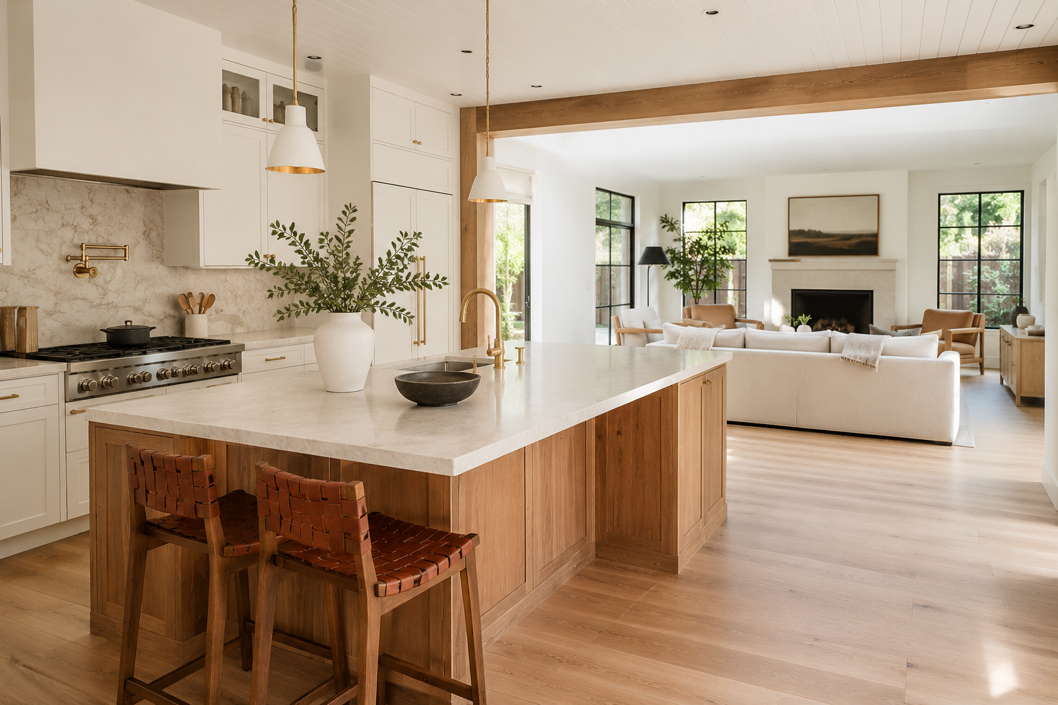 AI-generated bright concept of a cohesive kitchen and living renovation with warm natural finishes