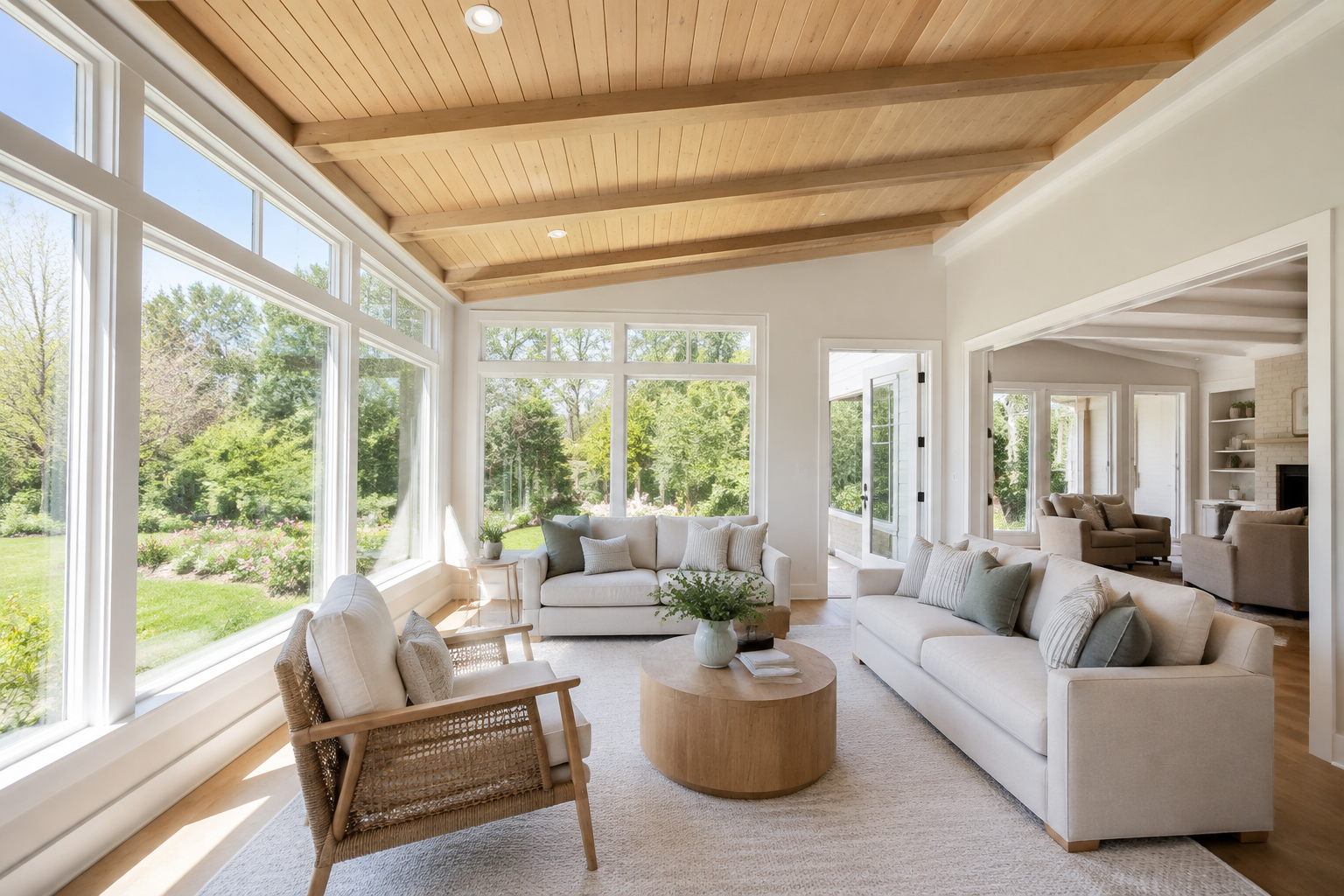 AI-generated bright concept of a sunroom addition with large windows and garden views