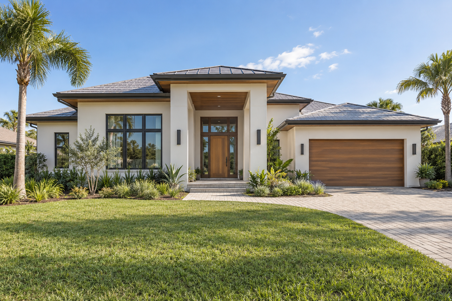 AI-generated bright concept of a newly built Florida home with light stucco, warm wood details, and contemporary coastal architecture