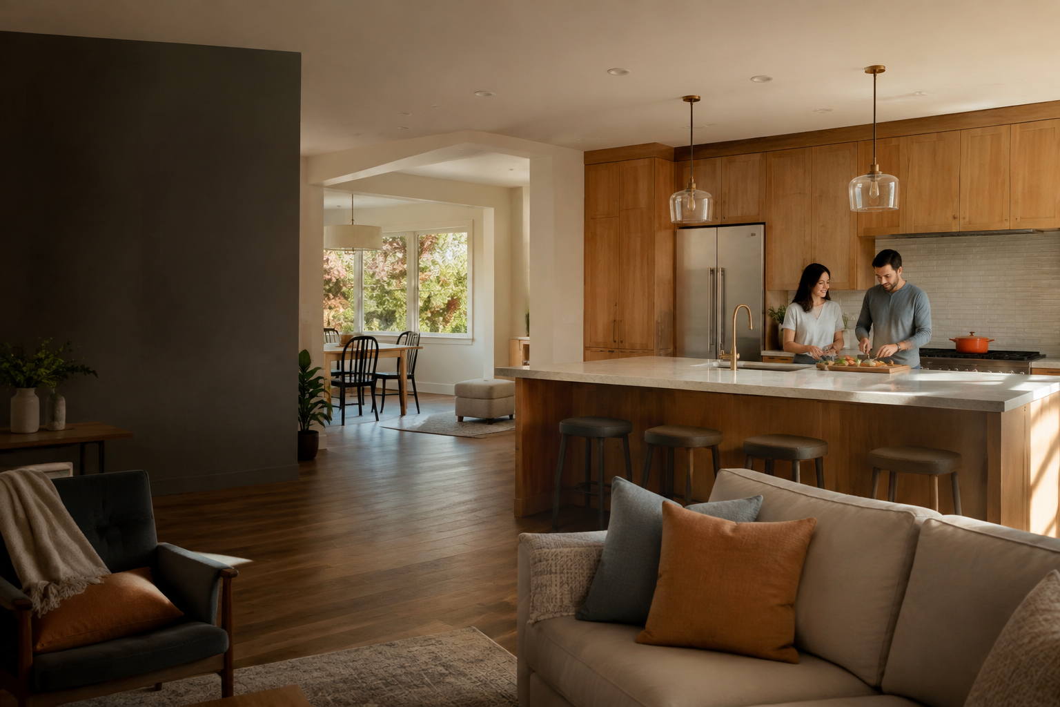 Remodeled open-concept kitchen and living room with a couple preparing a meal