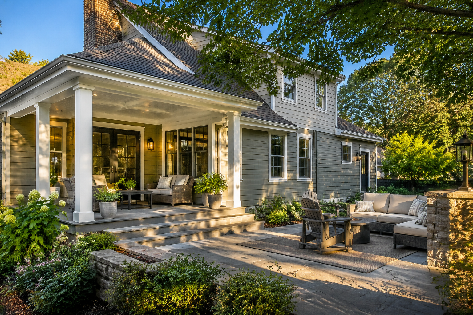 AI-generated concept of an exterior remodel with covered porch and outdoor living patio