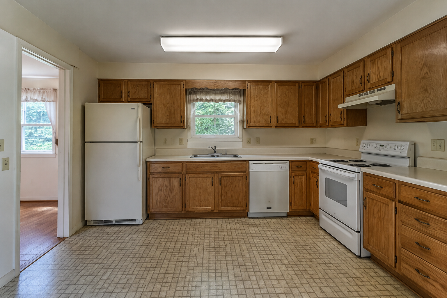 AI-generated before concept of a dated kitchen with oak cabinets and vinyl flooring
