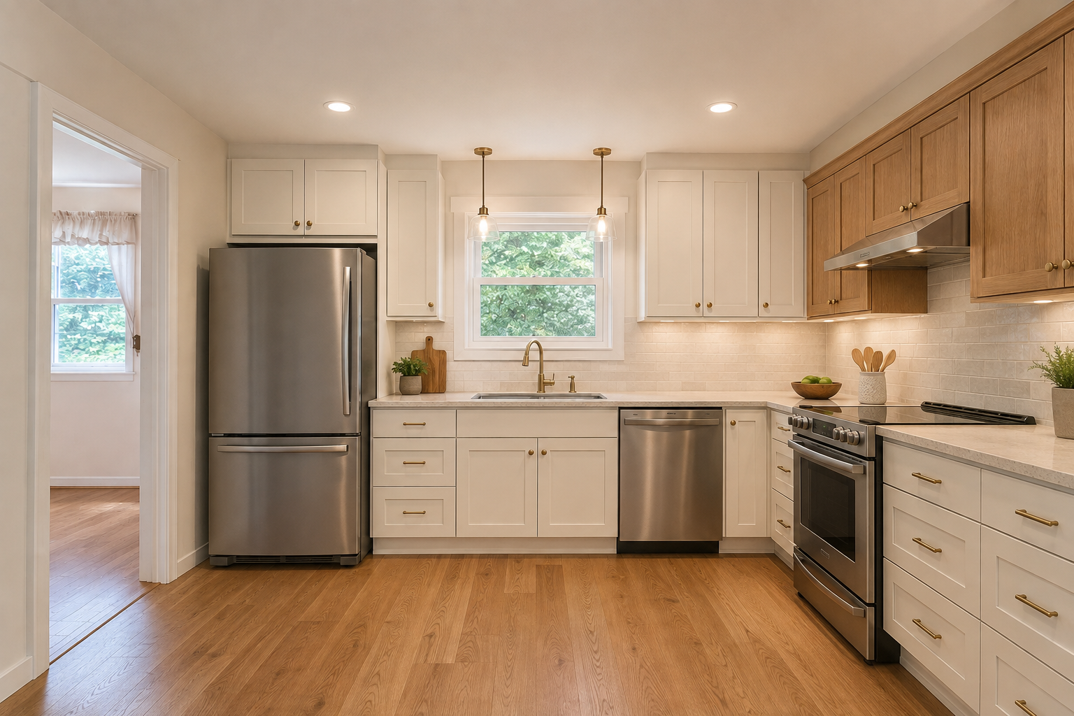 AI-generated after concept of the same kitchen remodeled with white cabinetry and oak flooring