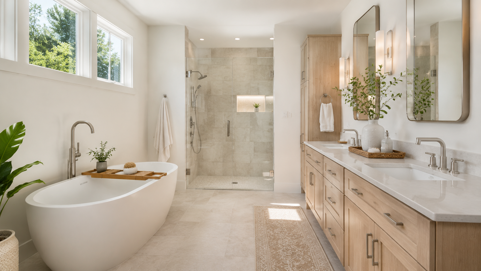 AI-generated bright concept of a renovated bathroom with natural light