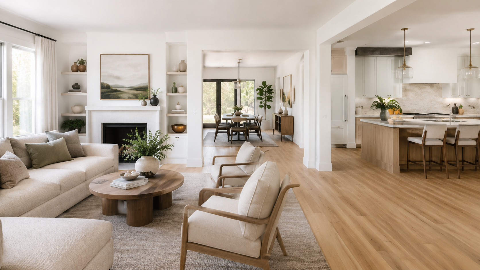 AI-generated bright concept of a completed whole-home remodel with an open living area