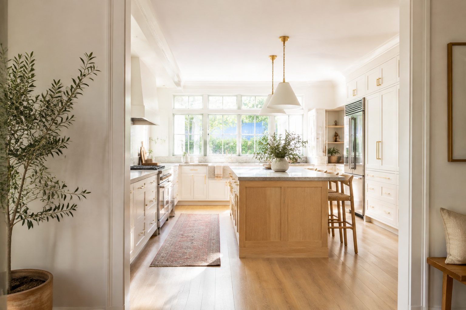 AI-generated bright concept of a remodeled kitchen with white cabinetry, wood island, and natural daylight