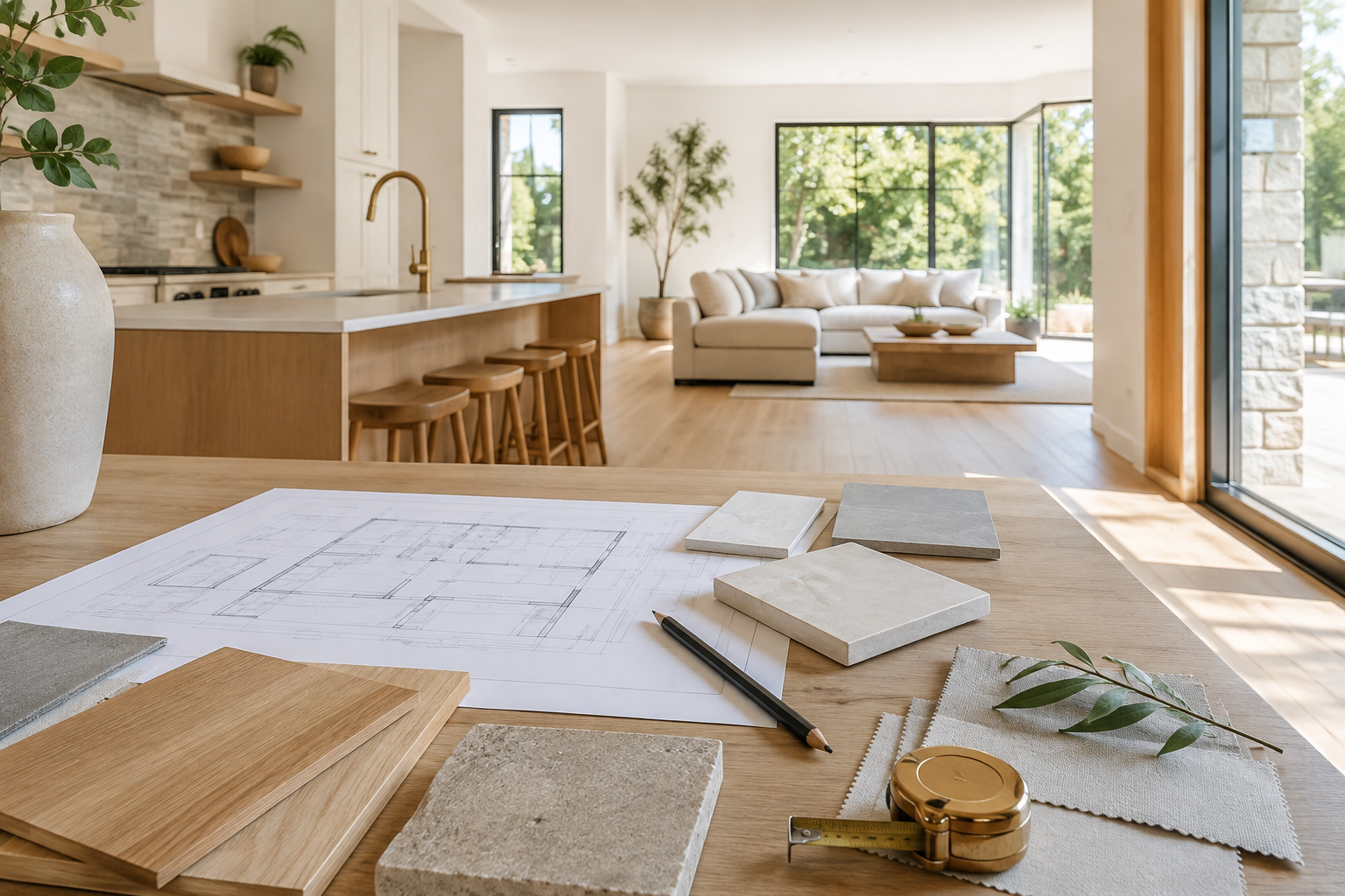AI-generated bright concept of remodeling plans and material samples in a finished interior