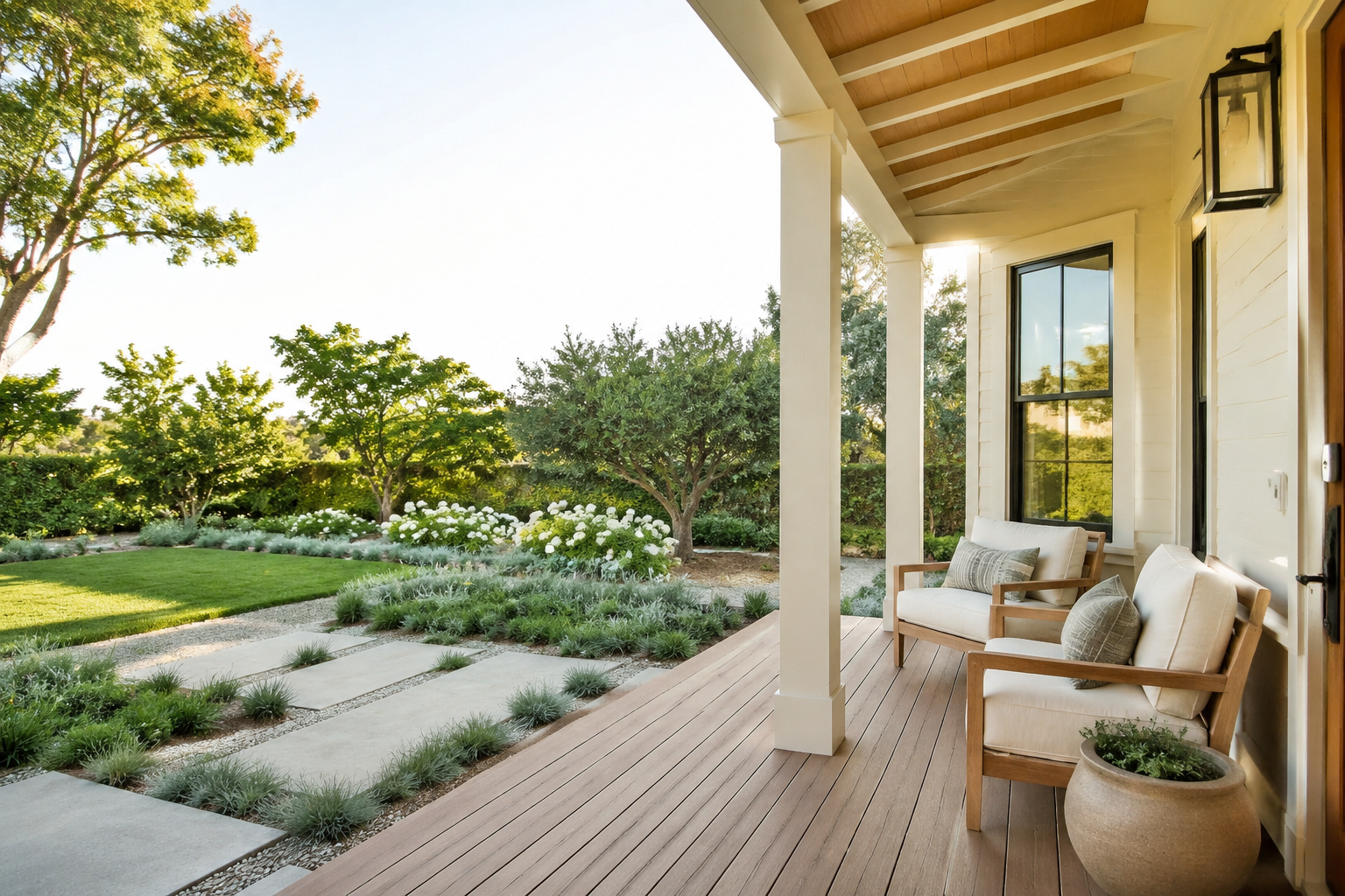 AI-generated bright concept of a remodeled covered porch overlooking a landscaped yard