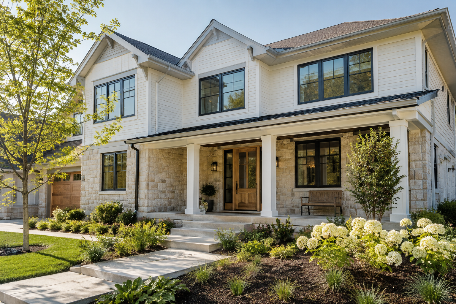 AI-generated bright concept of a refreshed two-story home exterior with coordinated siding, entry, and landscaping