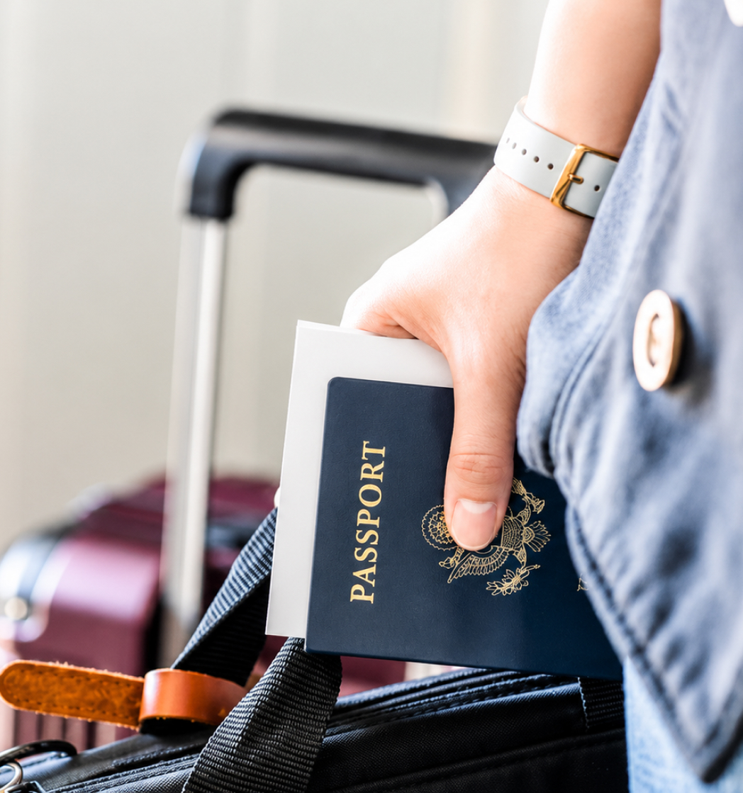 Close-up of a hand holding a blue passport and boarding pass over a black suitcase handle with a maroon suitcase in the background.