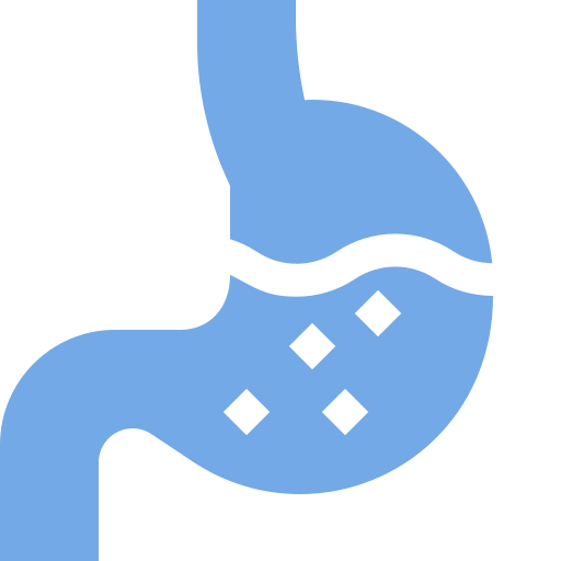 Stylized blue stomach illustration with four black diamond shapes inside representing contents or activity.