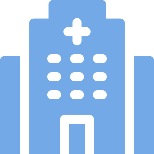 Blue hospital building icon with a medical cross at the top and a main entrance below.