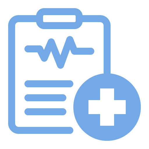 Blue clipboard with a medical heartbeat line and a blue circle containing a medical cross symbol.