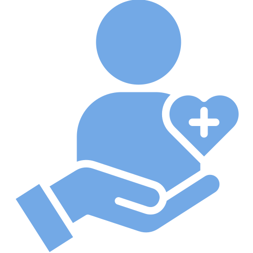 Blue icon of a hand holding a person figure with a heart containing a plus symbol, representing patient care or health support.