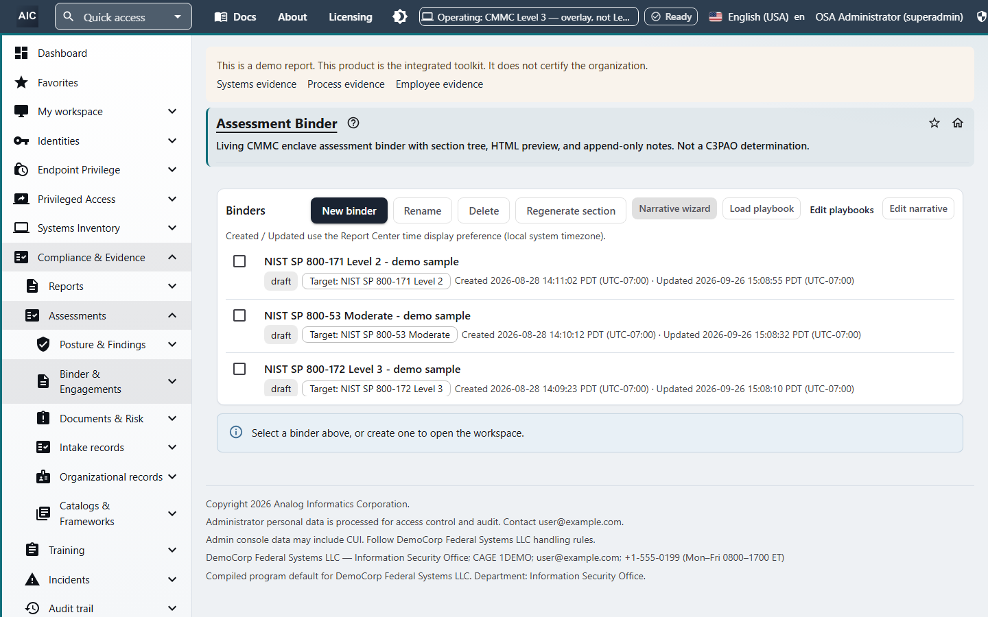 Assessment Binder list of binders for NIST SP 800-171 Level 2, NIST SP 800-53 Moderate, and NIST SP 800-172 Level 3, with New binder, Regenerate section, and Narrative wizard actions.