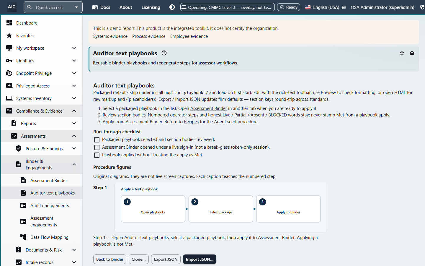 Auditor text playbooks page with a numbered procedure diagram for applying a packaged playbook to an Assessment Binder.