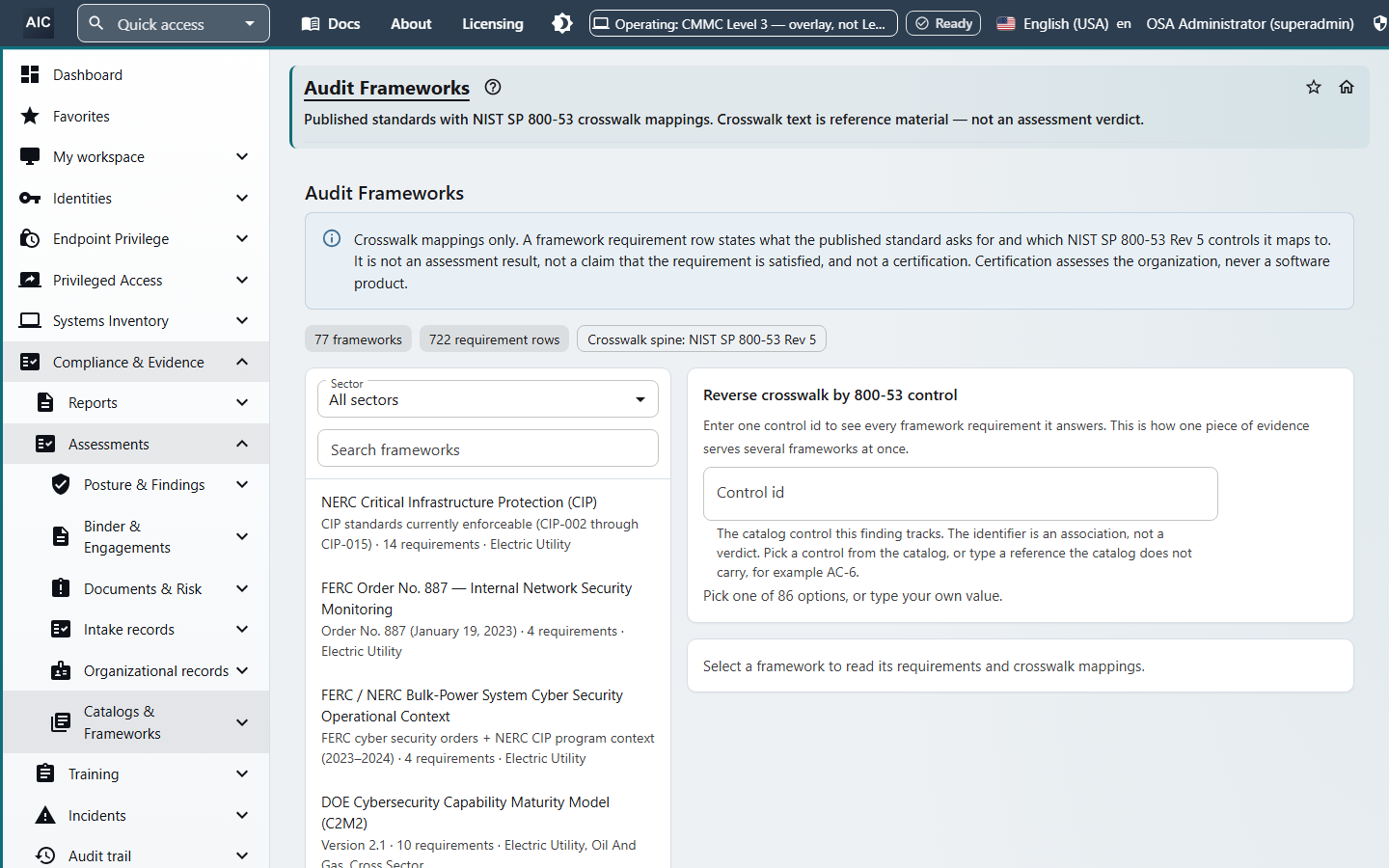 Audit Frameworks page showing 77 frameworks and 722 requirement rows with a crosswalk to NIST SP 800-53, including NERC CIP and other critical infrastructure standards.