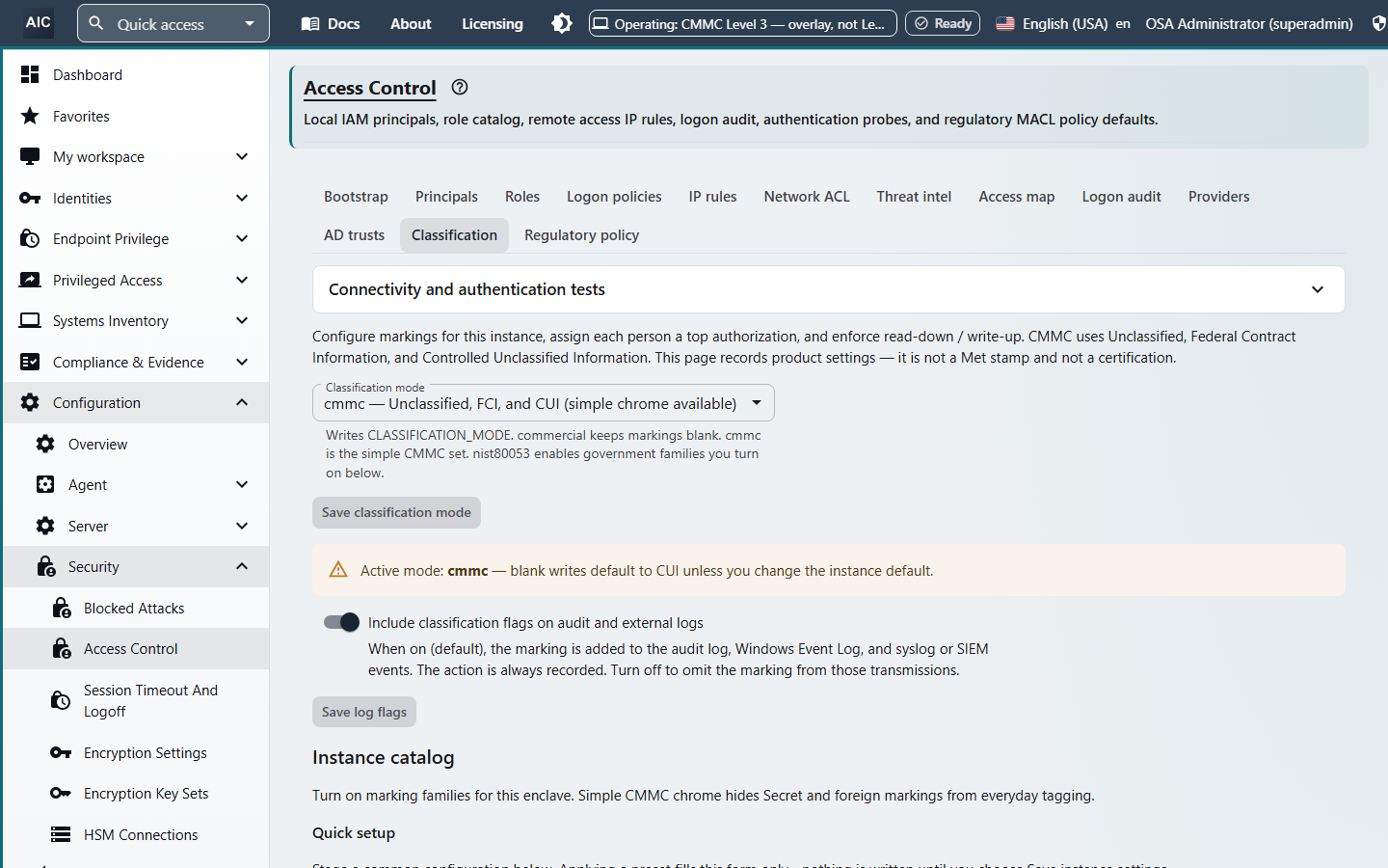 Classification settings with the classification mode set to CMMC (Unclassified, FCI, and CUI) and a switch that adds the marking to audit, Windows Event Log, and syslog events.