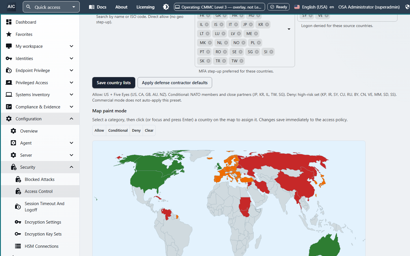 Country access policy with allowed, conditional travel, and blocked country lists, a defense contractor preset, and a world map colored green for allow, orange for conditional step-up, and red for deny.