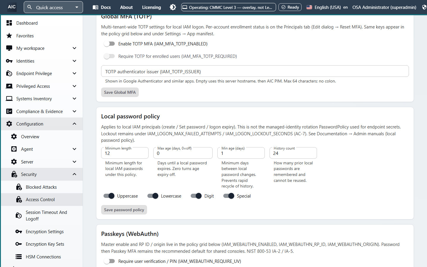 Logon policies for multifactor authentication with time-based one-time codes, local password policy with length, age, history, and complexity, and passkey (WebAuthn) settings.