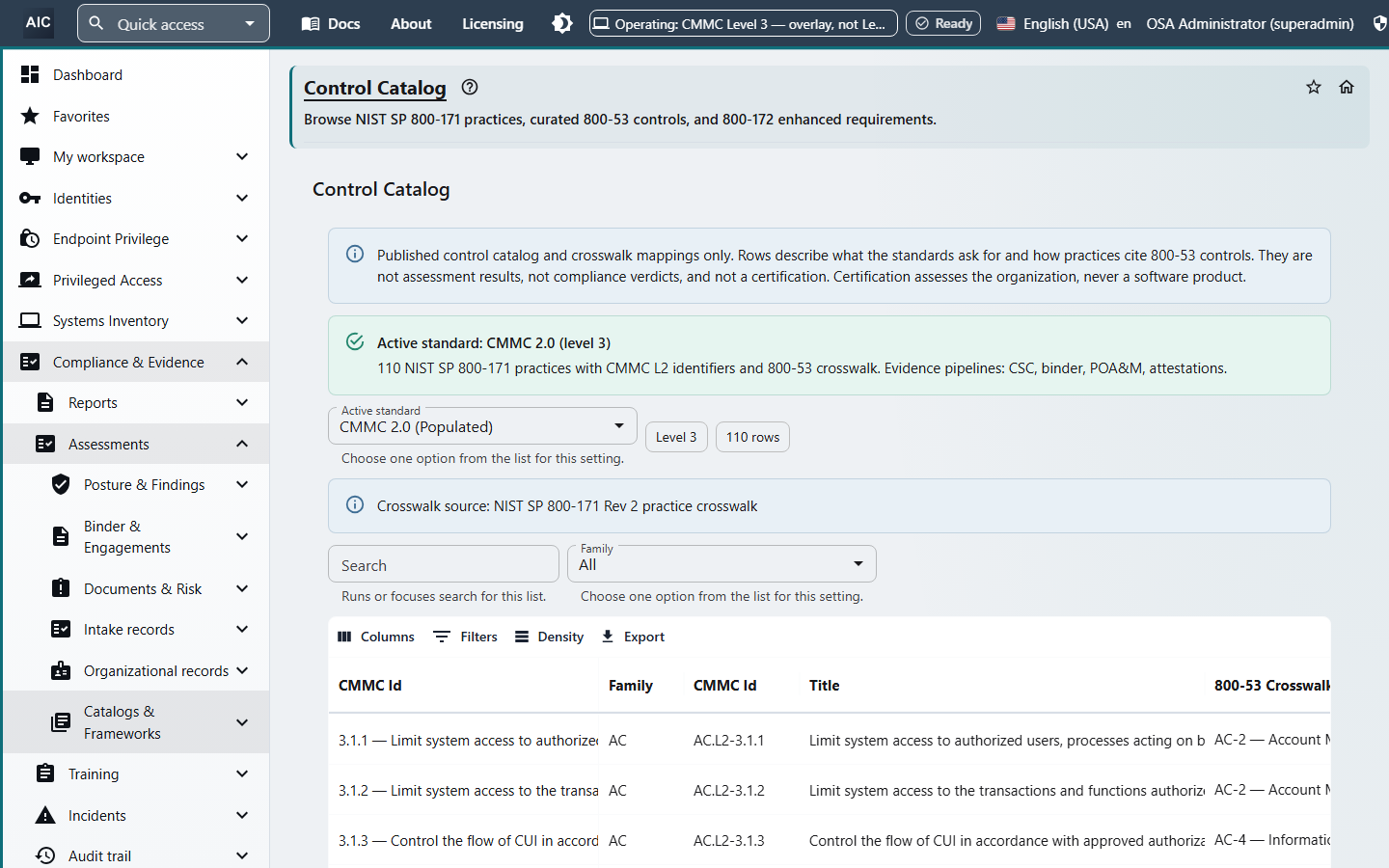 Control Catalog showing CMMC 2.0 Level 3 with 110 NIST SP 800-171 practices, their CMMC identifiers, titles, and the NIST SP 800-53 crosswalk.
