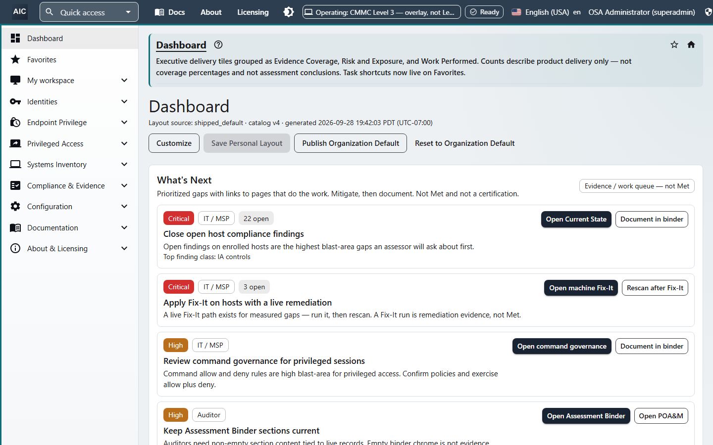 Console dashboard with a prioritized What's Next list: critical host compliance findings, Fix-It remediation, command governance review, and Assessment Binder tasks, each with a button that opens the page that does the work.