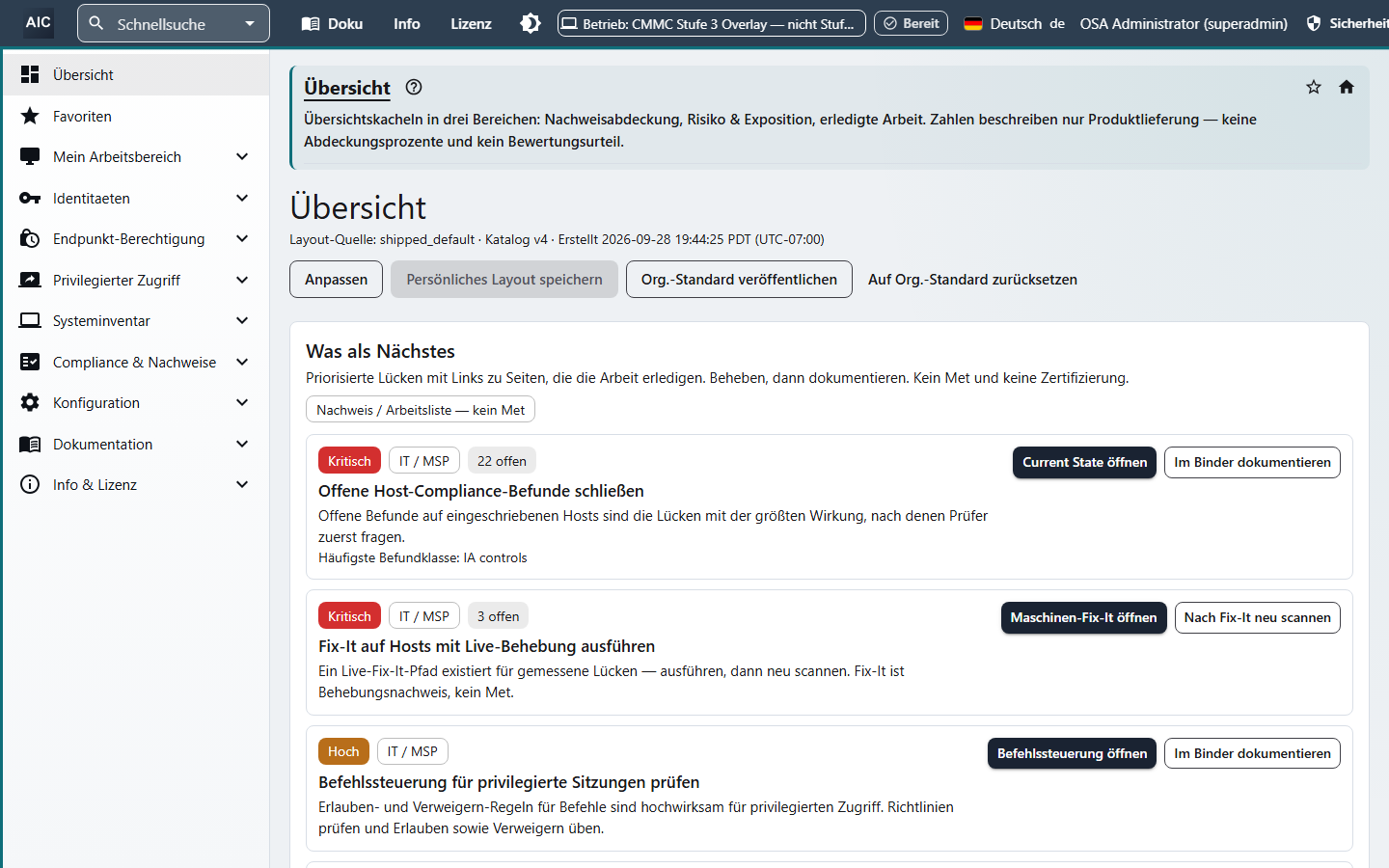 The console dashboard fully in German, with the navigation, headings, and task cards translated.