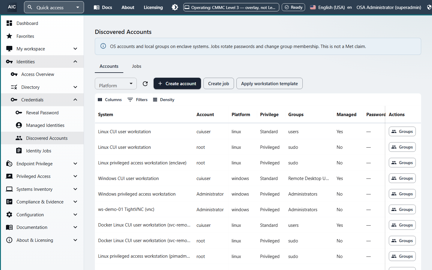 Discovered Accounts list of operating system accounts on Linux and Windows workstations with platform, privilege level, local groups, and managed status, plus Create job and Apply workstation template actions.