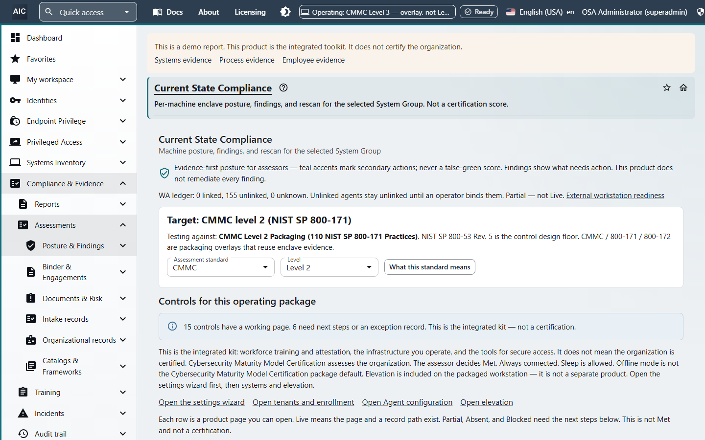 Current State Compliance page testing against CMMC Level 2 with 110 NIST SP 800-171 practices, and the list of controls for the operating package.